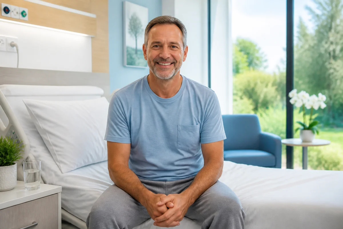 Patient souriant assis dans une chambre d'hôpital moderne après une opération de la hernie discale, durée d'hospitalisation réduite.