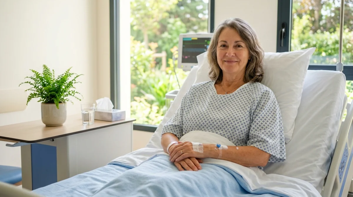 Patient convalescent souriant dans une chambre d'hôpital lumineuse, illustrant le rétablissement après une pneumopathie et la durée d'hospitalisation.