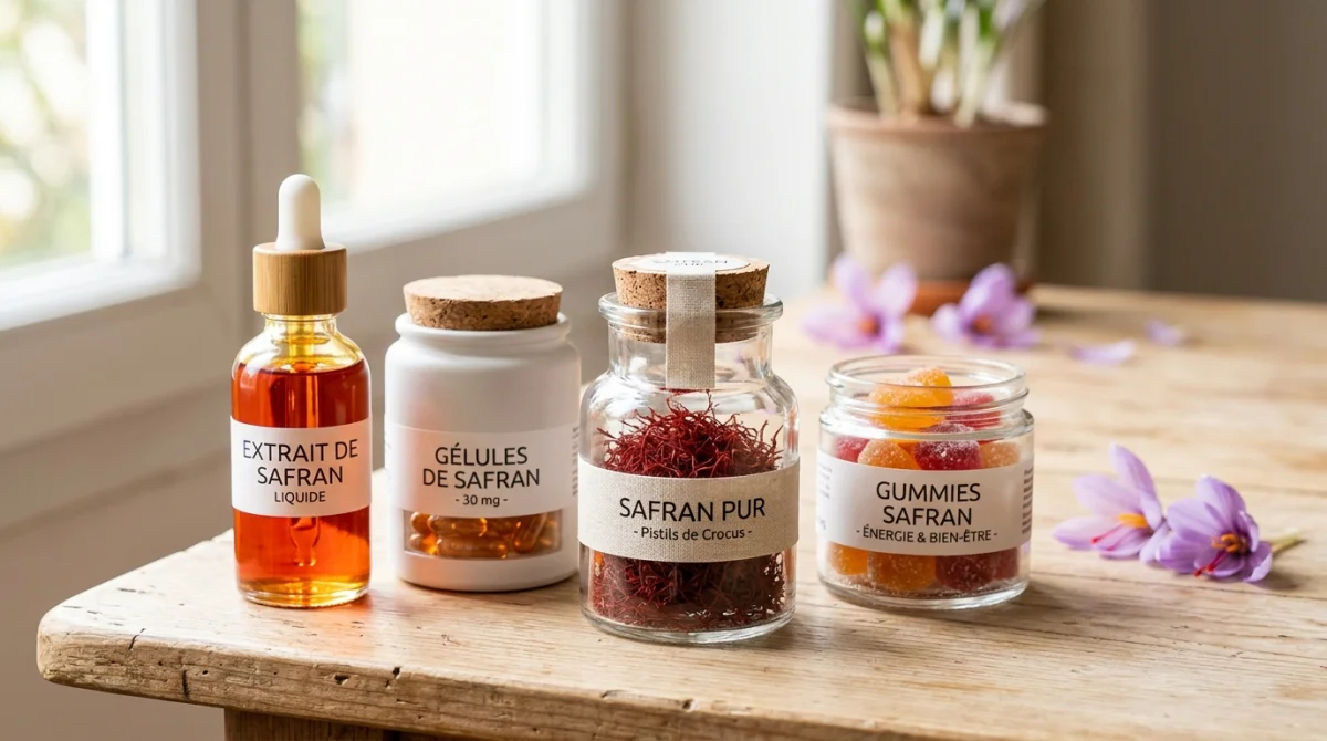 Assortiment de compléments alimentaires au safran, gélules et pistils séchés, pour illustrer les effets bien-être du safran.