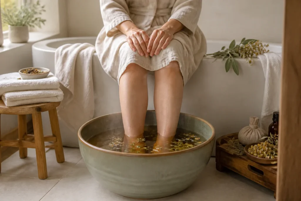 Personne trempant ses pieds dans une infusion aux plantes comme remède de grand-mère contre la transpiration excessive.