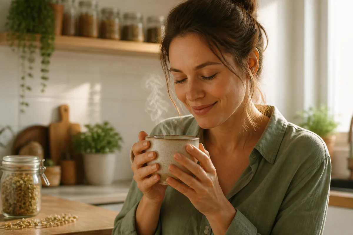 Femme sereine tenant une tasse fumante dans une cuisine lumineuse, illustrant un remède naturel contre les remontées acides.