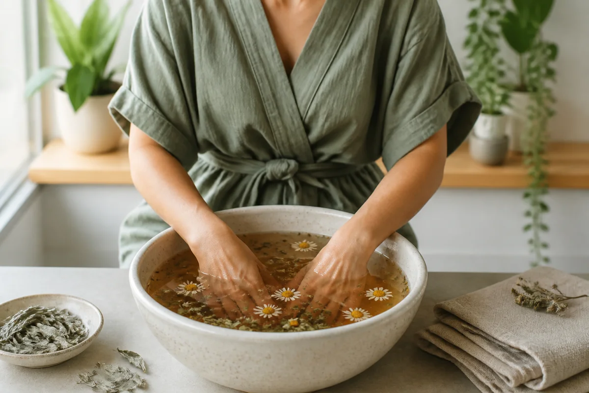 Mains immergées dans une infusion de sauge et camomille, un remède de grand-mère contre la transpiration excessive naturelle.