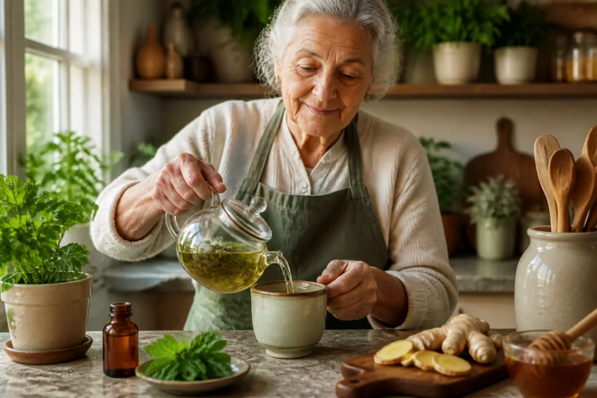 Mains âgées préparant une infusion naturelle comme remède de grand-mère efficace contre les remontées acides.