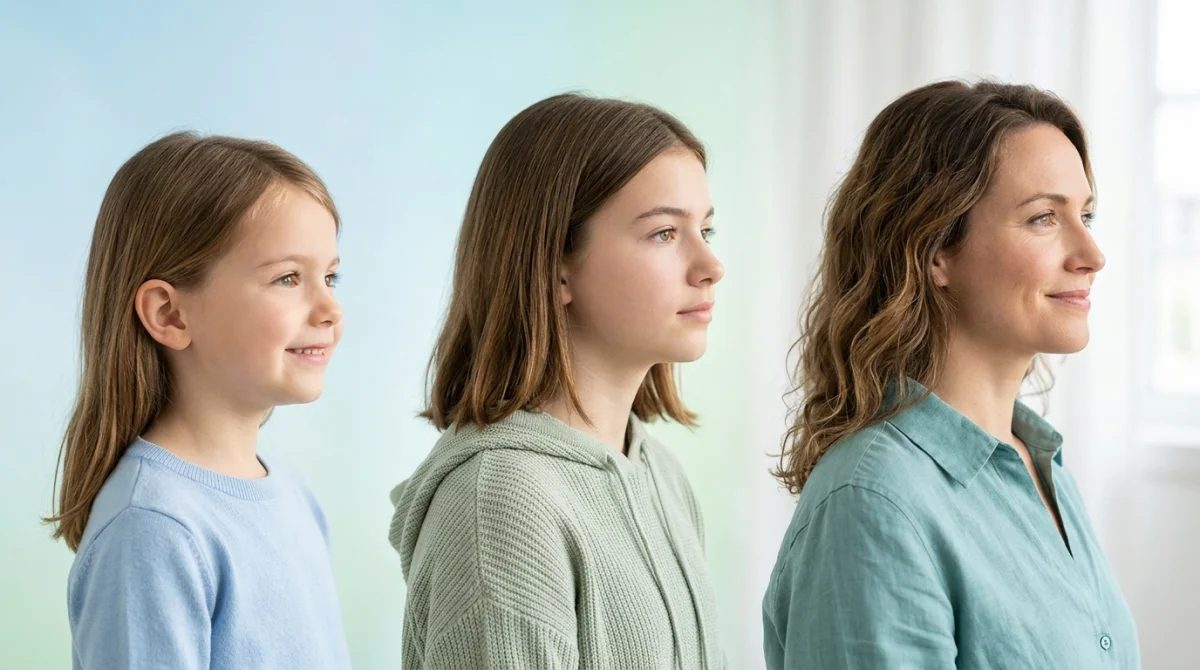 Collage de portraits d'un enfant, d'un adolescent et d'un adulte illustrant l'évolution du bien-être au fil du temps.