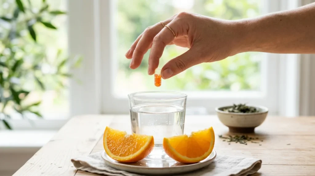Main tenant une gélule de fer avec une orange, illustrant le délai d'effet du Timoferol sur la santé.