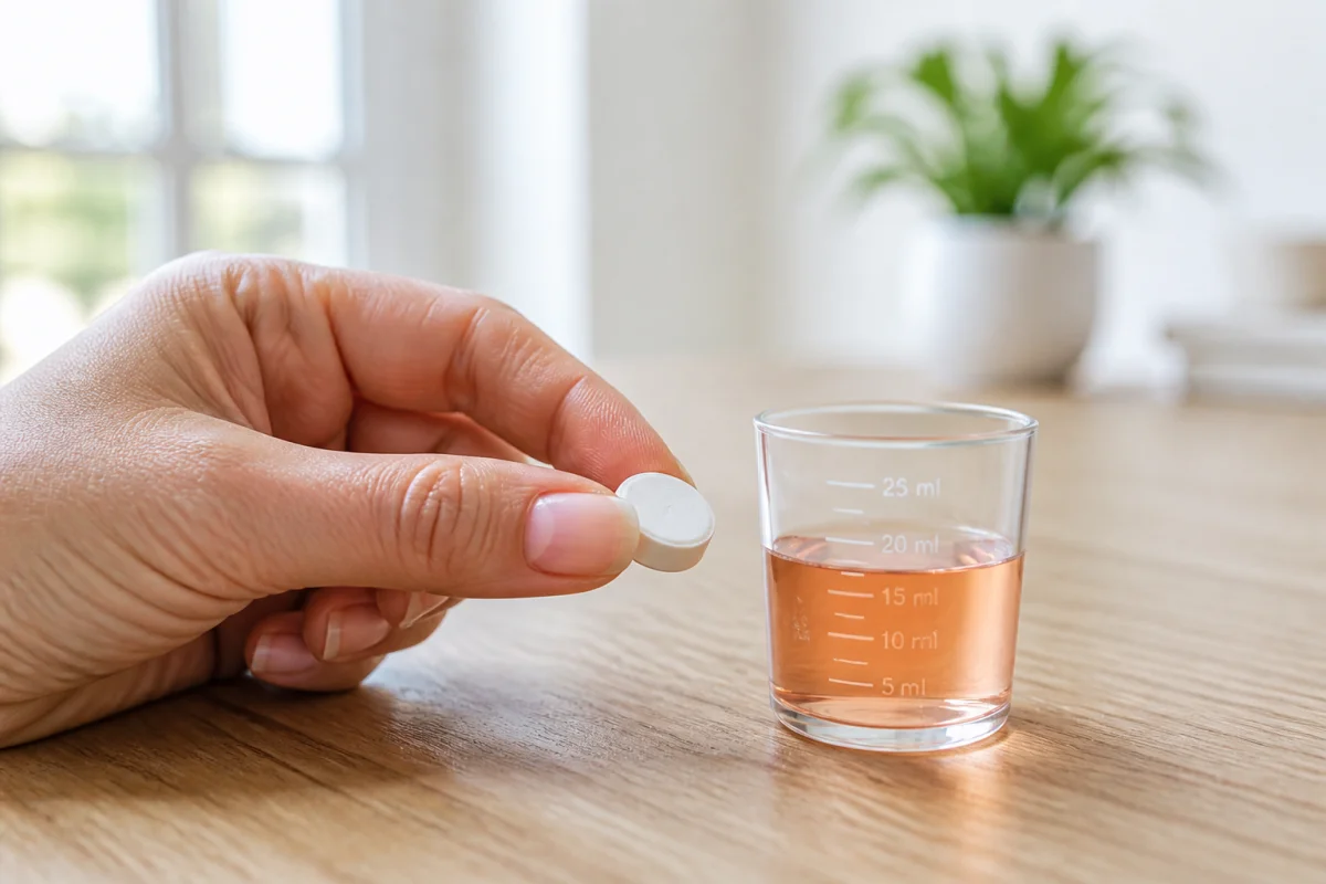 Main tenant un comprimé et un verre doseur pour illustrer la prise de trimébutine et son efficacité.