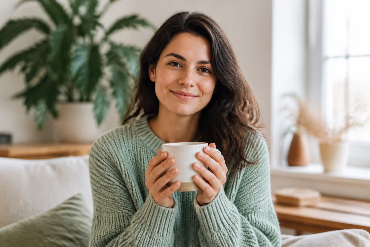 Personne détendue tenant une tasse dans un salon lumineux, illustrant le bien-être après l'effet de la trimébutine.