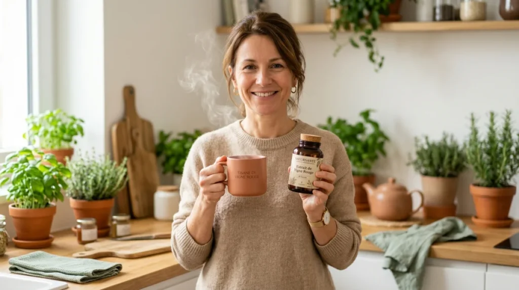 Personne souriante tenant une tisane et des compléments de vigne rouge dans une cuisine lumineuse pour le bien-être.