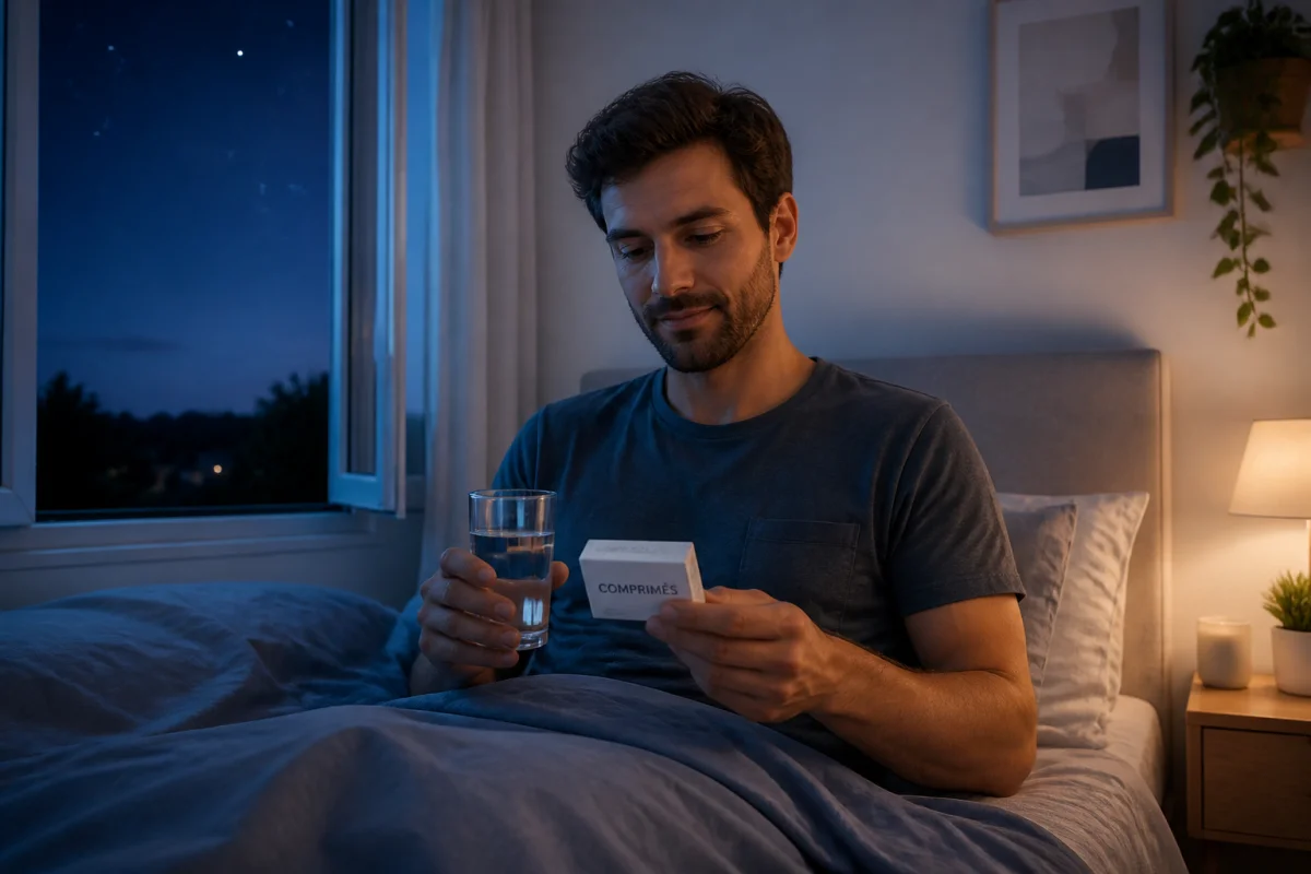 Personne sereine prenant un comprimé dans une chambre apaisante pour illustrer le délai d'effet de l'Anxemil.