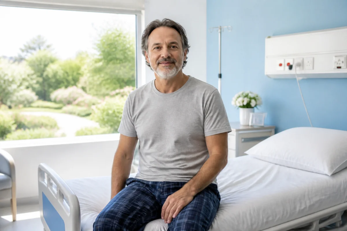 Patient serein assis sur un lit d'hôpital lumineux, illustrant une convalescence après une hospitalisation pour colique néphrétique.