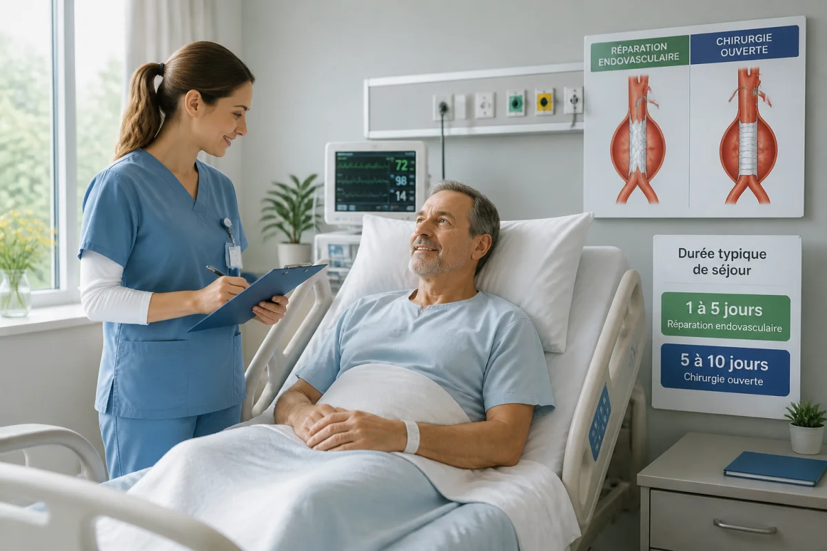 Patient convalescent après une opération d’anévrisme de l’aorte abdominale, accompagné par une infirmière à l’hôpital.