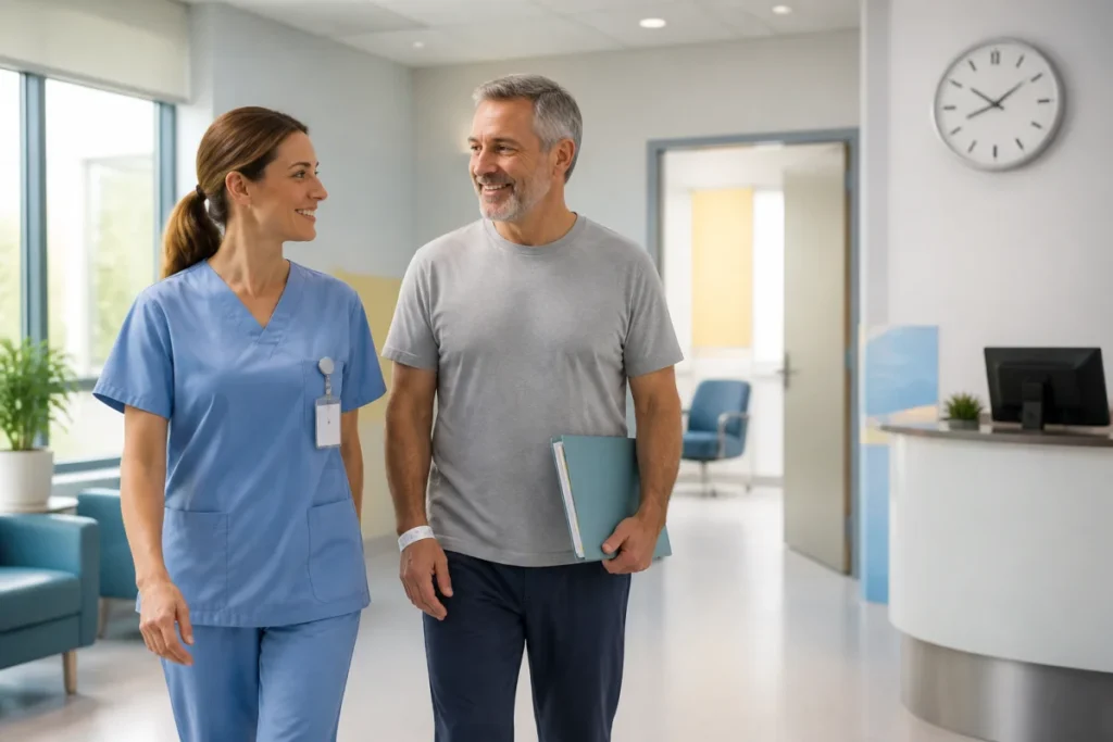 Patient quittant l’hôpital le jour même après l’ablation ambulatoire d’un polype du côlon, accompagné par un soignant