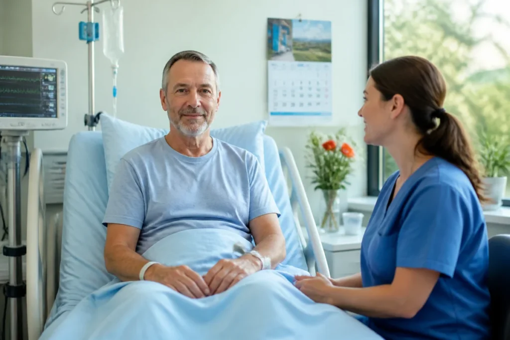 Patient en convalescence après un AVC dans un lit d’hôpital, accompagné par un soignant, calendrier indiquant environ dix jours