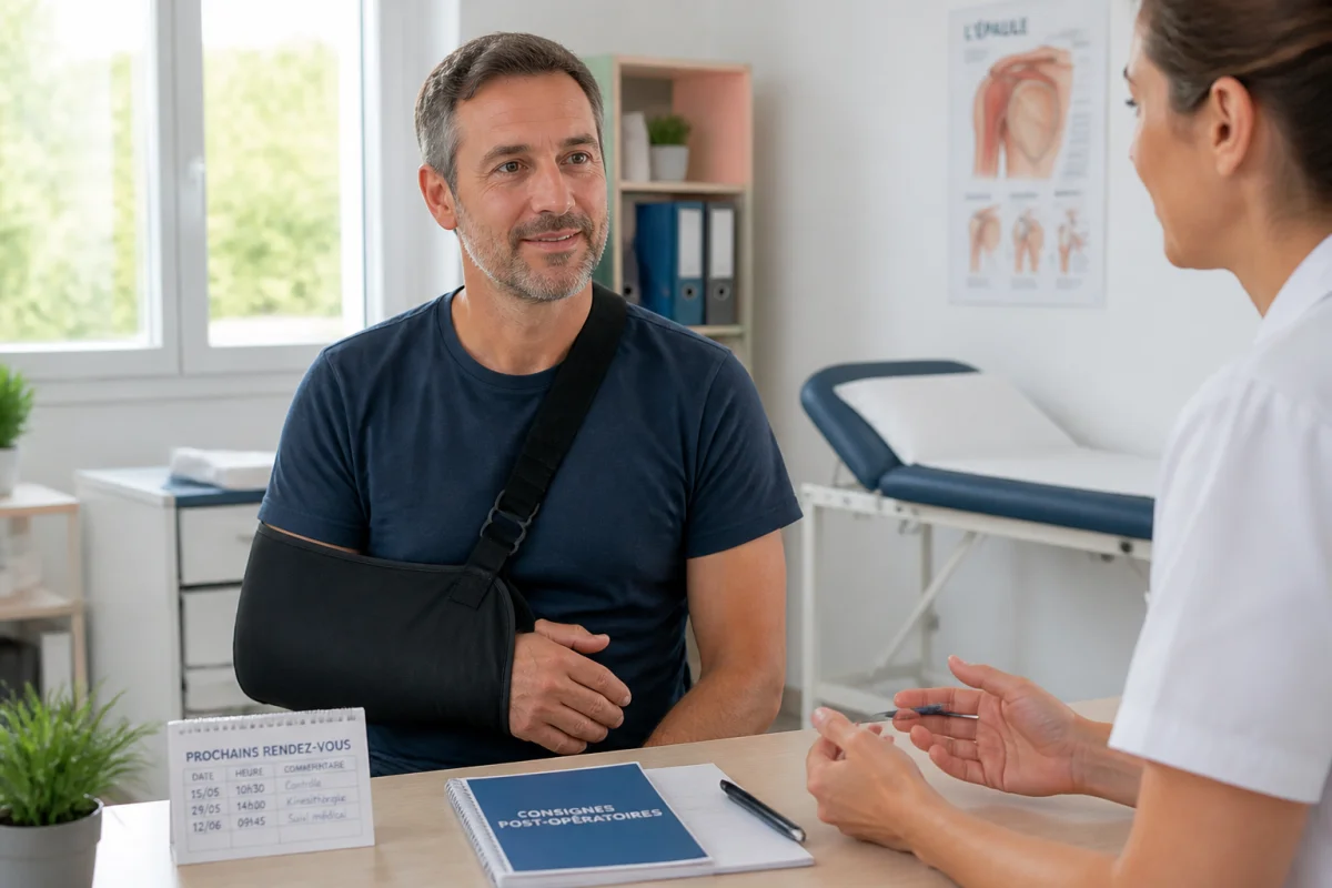 Témoignage après opération de l’épaule, patient portant une écharpe face à un professionnel de santé rassurant