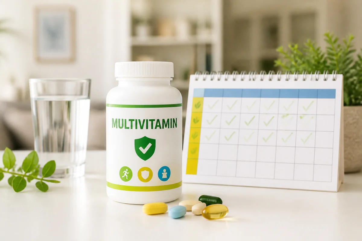 Flacon de complément multivitaminé, comprimés et calendrier illustrant la durée d’une cure de Bion 3
