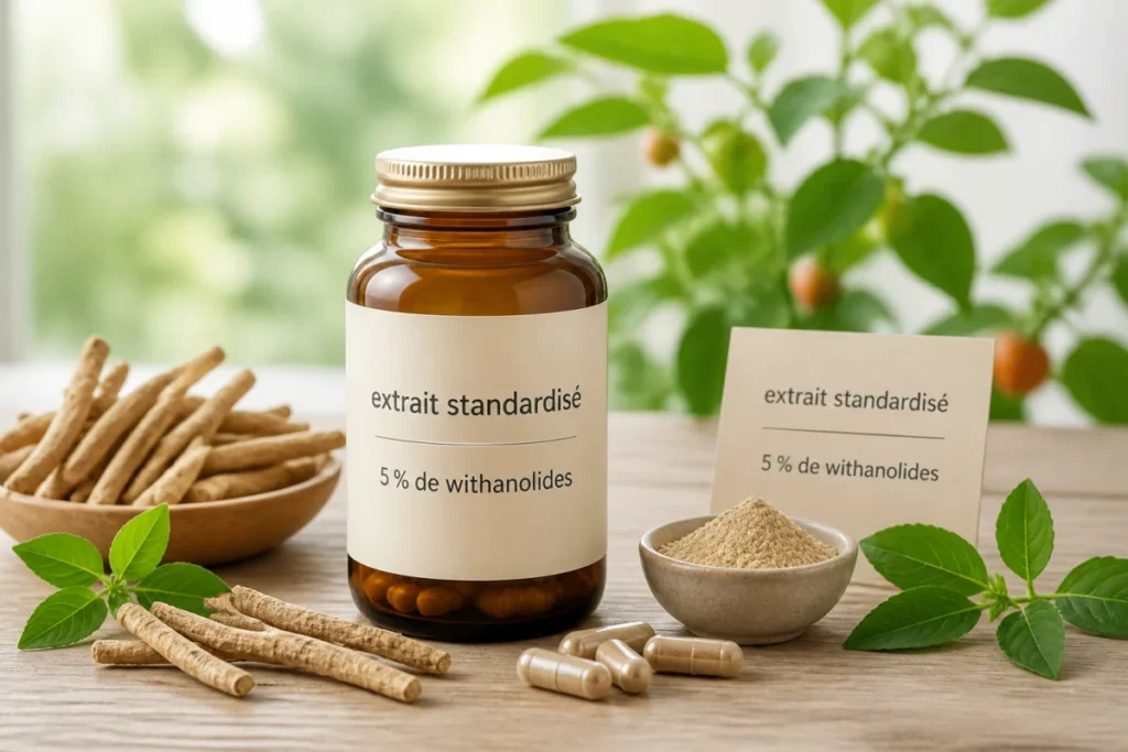 Flacon d’extrait d’ashwagandha entouré de racines séchées, feuilles vertes et indication de 5 % de withanolides