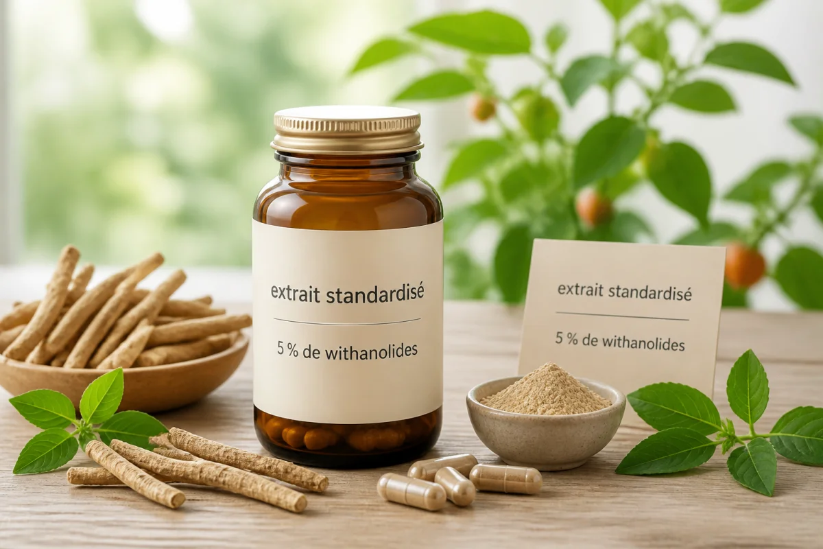 Flacon d’extrait d’ashwagandha entouré de racines séchées, feuilles vertes et indication de 5 % de withanolides