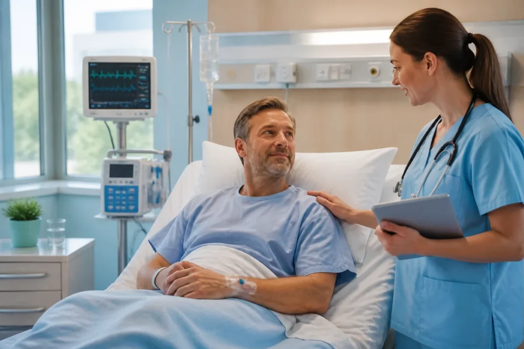 Patient après la pose d’un stent coronaire, surveillé à l’hôpital par une professionnelle de santé sereine