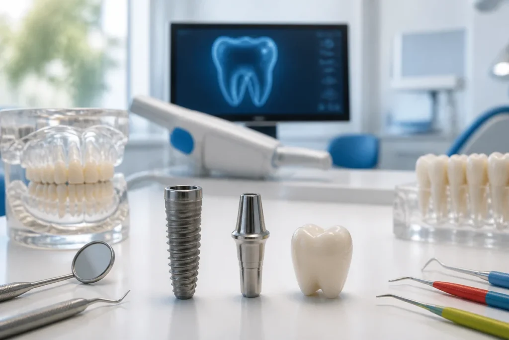 Prix d’un implant dentaire avec vis en titane, pilier et couronne en céramique dans un cabinet moderne