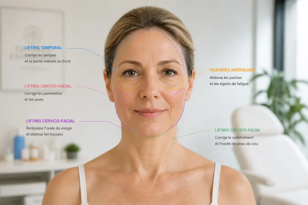Prix lifting visage : portrait d’une femme montrant les zones concernées par les liftings temporal, cervico-facial et centro-facial.