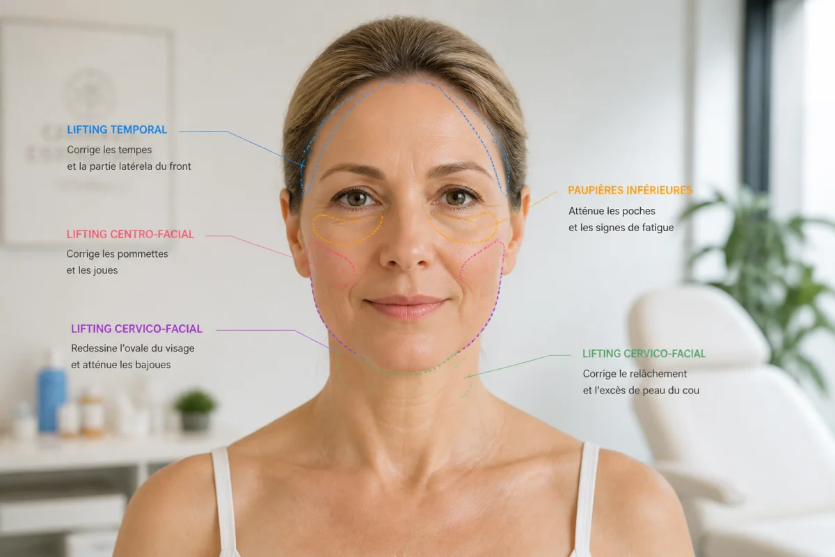 Prix lifting visage : portrait d’une femme montrant les zones concernées par les liftings temporal, cervico-facial et centro-facial.