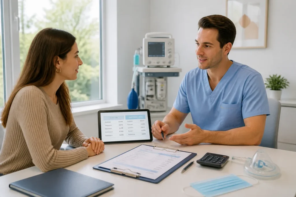 Consultation médicale sur le prix d’une rhinoplastie avec devis détaillant les frais de clinique et d’anesthésie