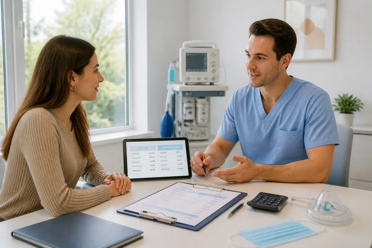 Consultation médicale sur le prix d’une rhinoplastie avec devis détaillant les frais de clinique et d’anesthésie