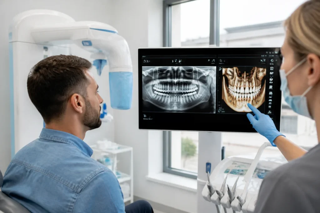 Patient devant un appareil de radio panoramique dentaire, avec radiographie et reconstruction 3D de la mâchoire affichées à l’écran