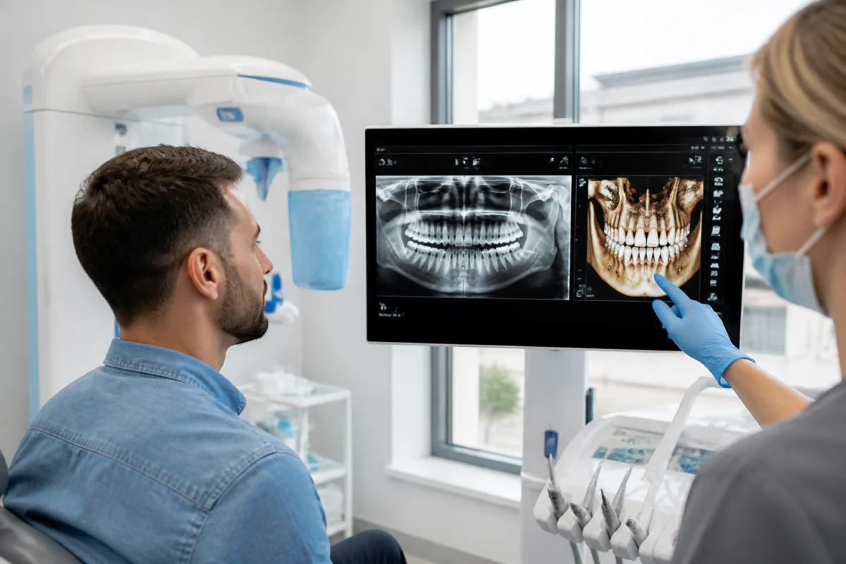 Patient devant un appareil de radio panoramique dentaire, avec radiographie et reconstruction 3D de la mâchoire affichées à l’écran