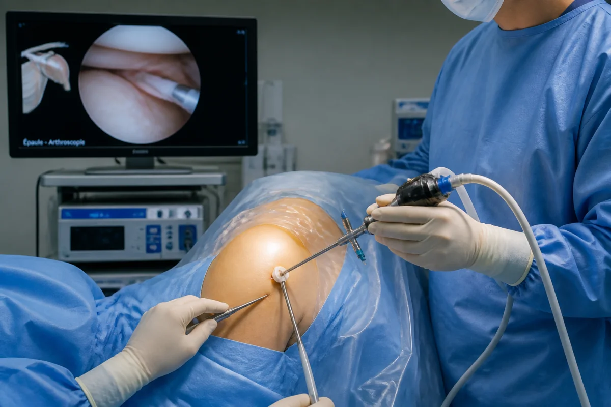 Réparation arthroscopique d’une rupture d’un tendon de l’épaule en bloc opératoire, par une équipe médicale spécialisée