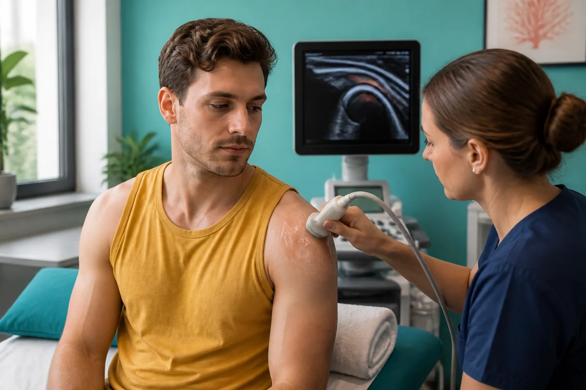Échographie médicale d’une épaule examinée pour une rupture d’un tendon, dans une salle d’imagerie moderne