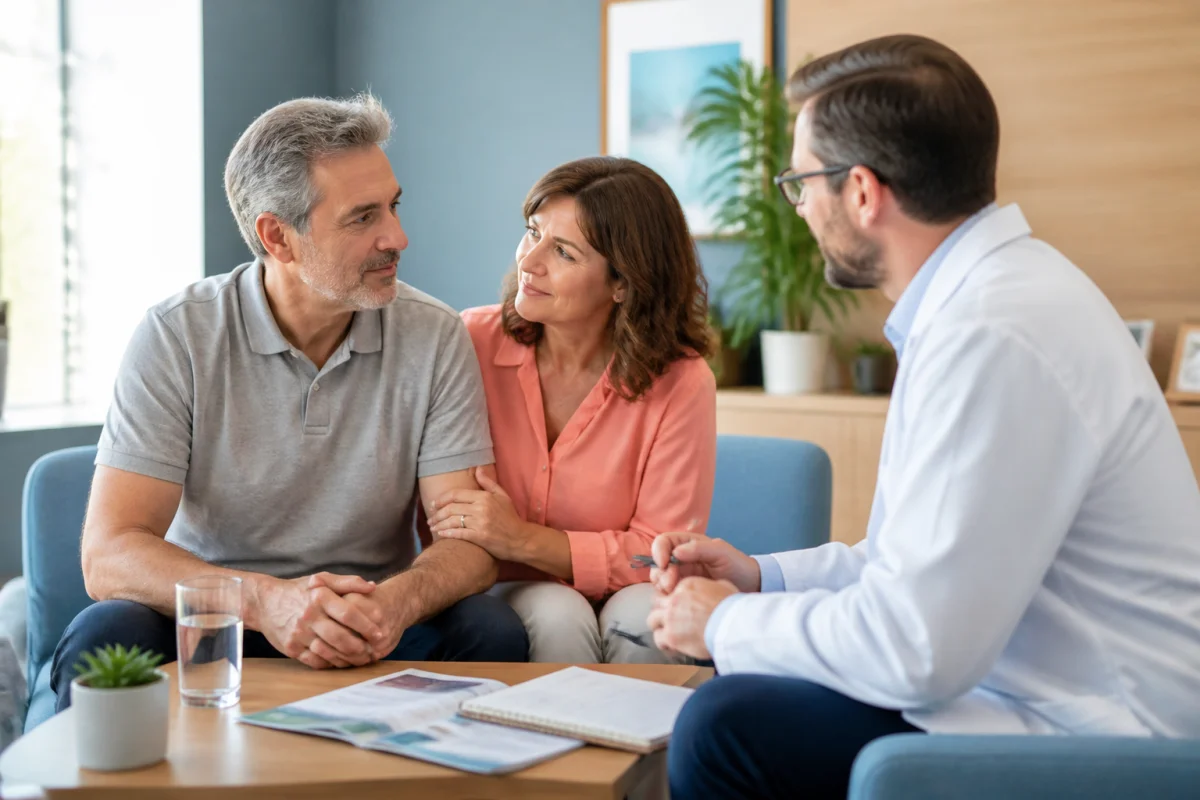 Témoignage après opération de la prostate : couple échangeant avec un professionnel sur la reprise de leur intimité
