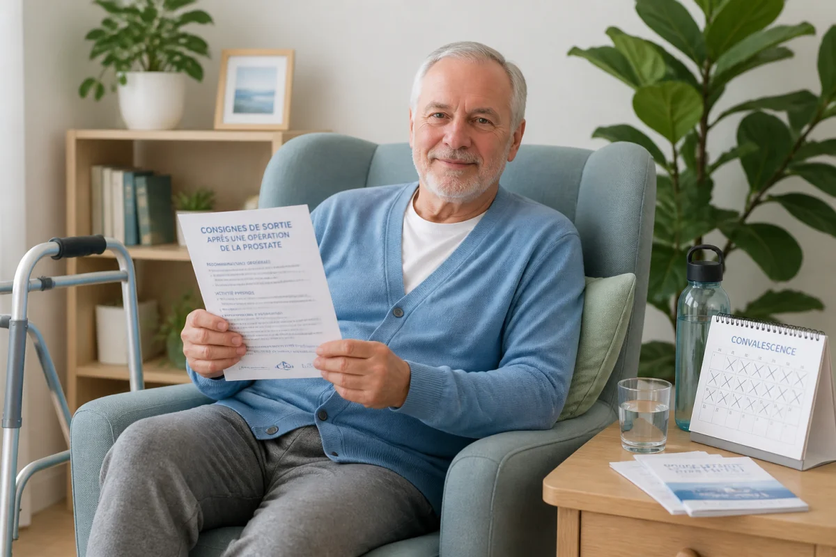 Témoignage après opération de la prostate : homme âgé en convalescence chez lui, tenant ses consignes de sortie
