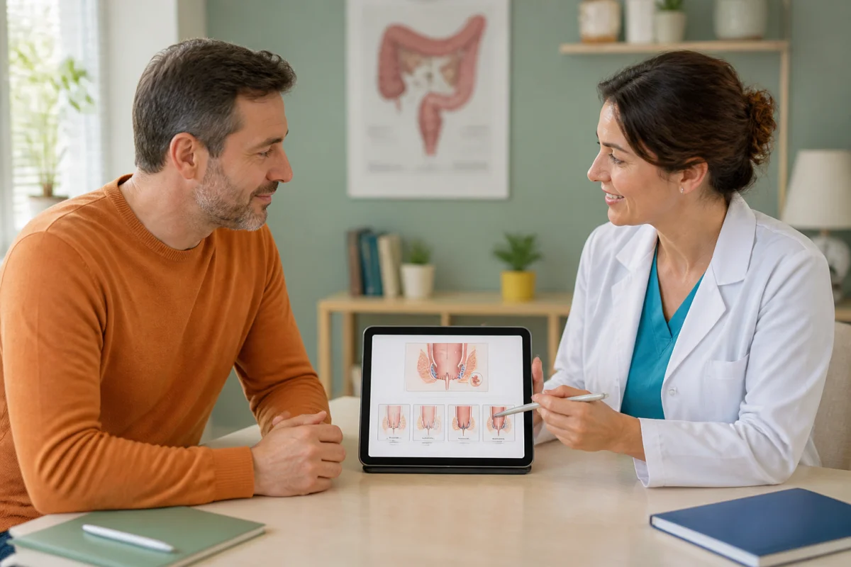 Témoignage sur l’opération des hémorroïdes lors d’une consultation médicale avec une chirurgienne et tablette pédagogique