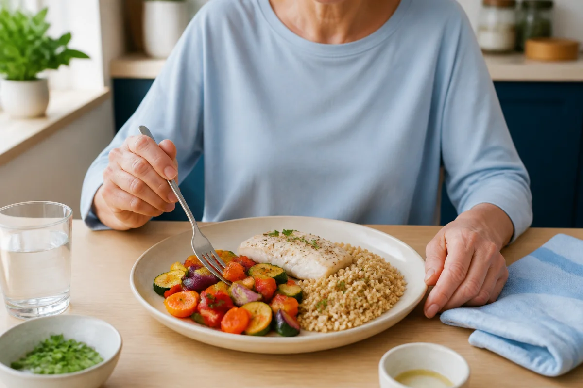 Alimentation après hospitalisation : personne en convalescence composant une assiette équilibrée de légumes, protéines et féculents complets