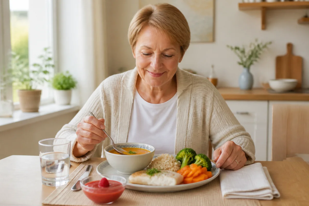Adulte en convalescence savourant une alimentation équilibrée après hospitalisation, avec légumes tendres, soupe, poisson et compote