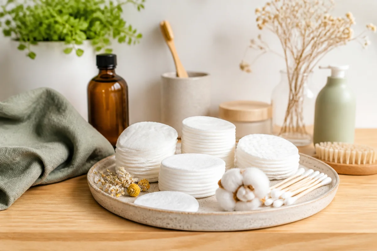 Avis Sefia sur des cotons de soin naturel présentés dans une salle de bain lumineuse aux tons doux