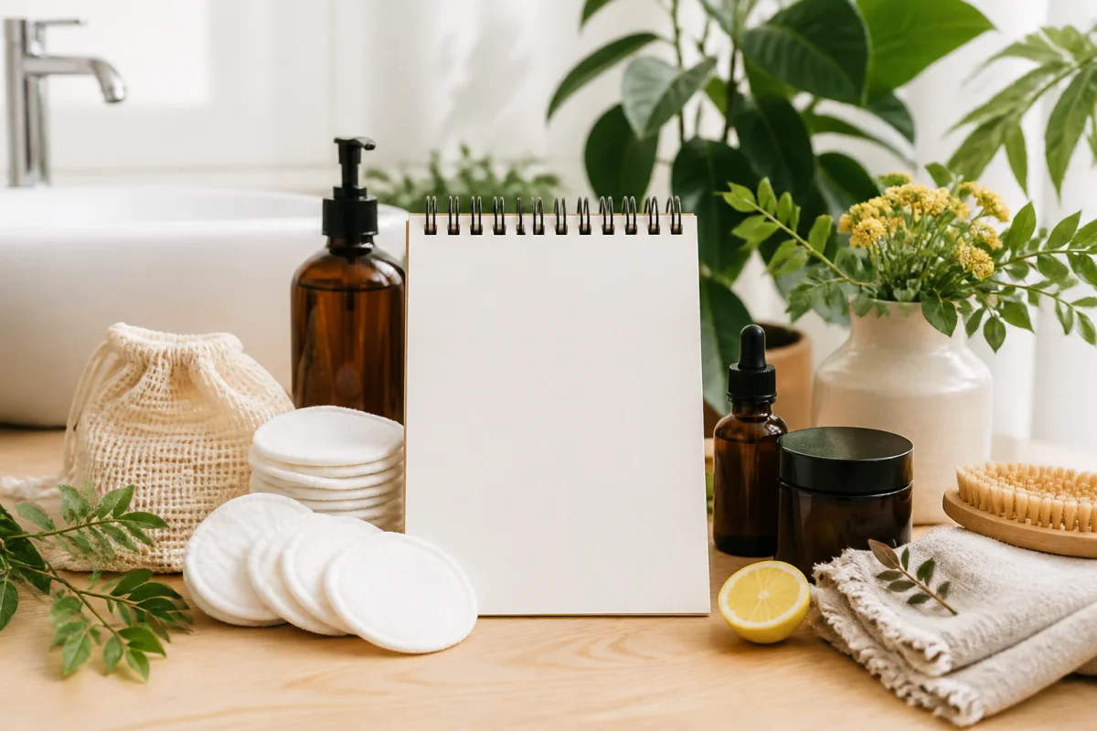 Avis Sefia sur cotons démaquillants réutilisables et soins naturels dans une salle de bain lumineuse