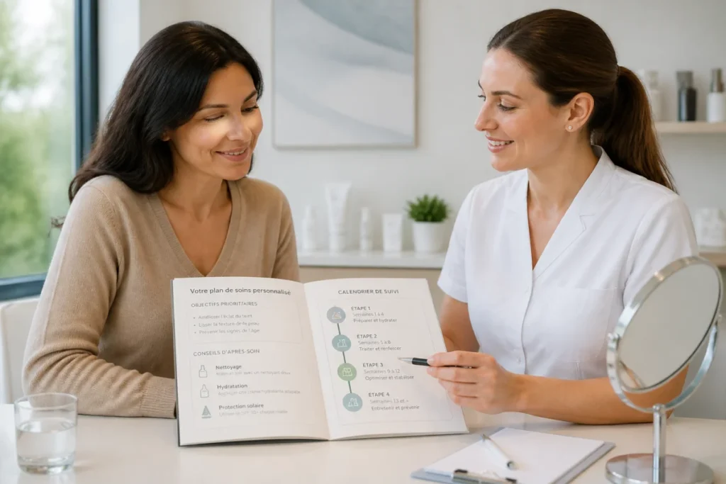 Patiente et professionnelle échangent sur des soins esthétiques en clinique autour d’un plan de soins personnalisé et progressif