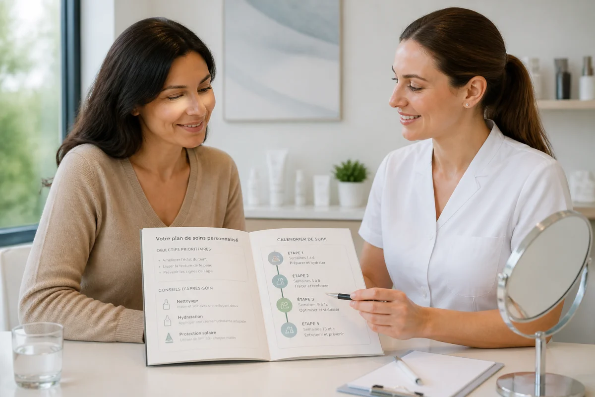 Patiente et professionnelle échangent sur des soins esthétiques en clinique autour d’un plan de soins personnalisé et progressif