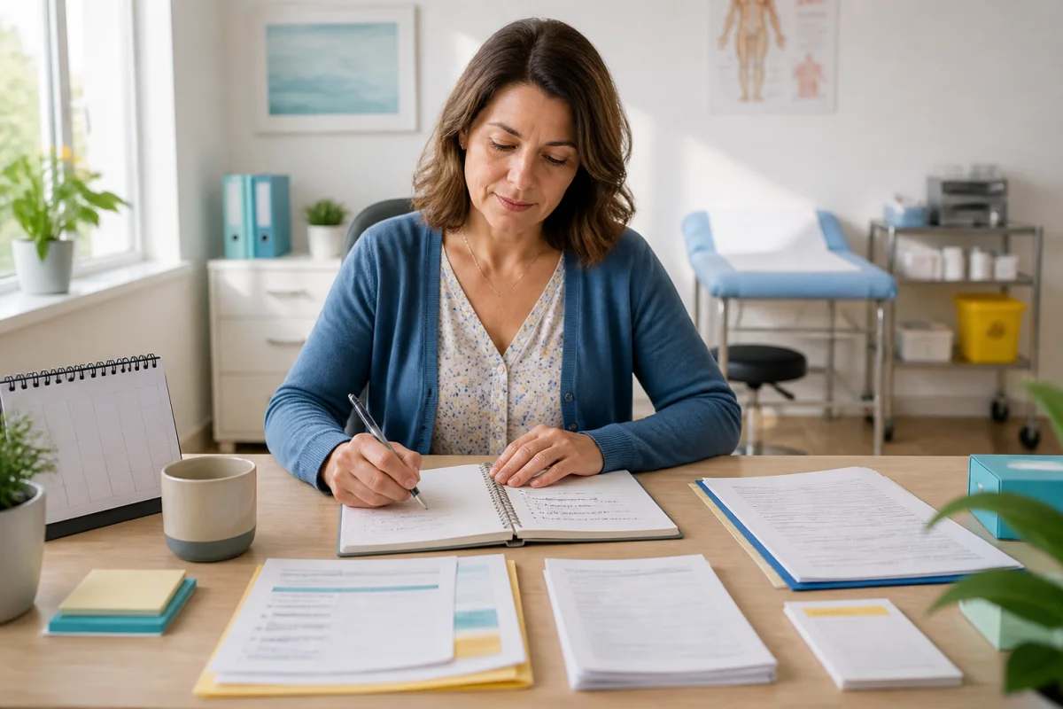 Adulte préparant une consultation médicale avec carnet de questions, ordonnances et résultats d’analyses pour un dépistage santé organisé