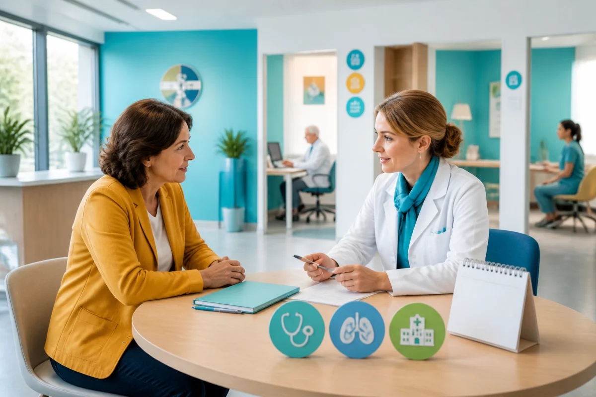 Dépistage santé et consultations : adulte orienté par une professionnelle dans un centre de santé moderne