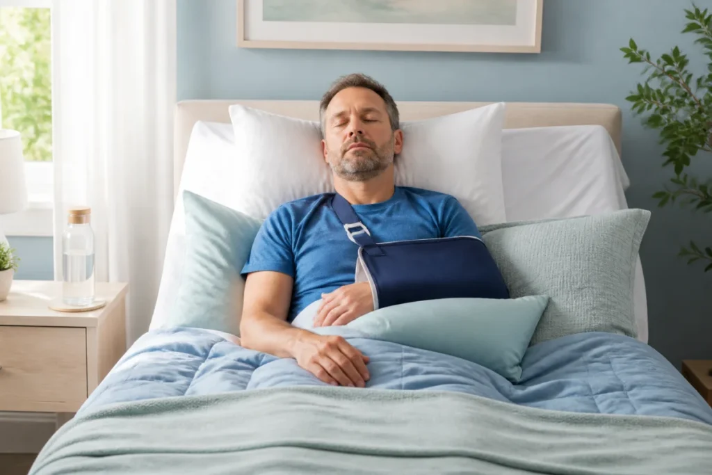 Personne après opération de l’épaule dormant avec le bras immobilisé dans une écharpe et des oreillers de soutien