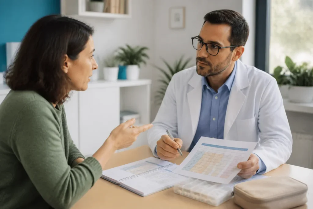 Consultation médicale sur les effets du jeûne intermittent, avec traitement, pilulier neutre et horaires de repas sécurisés.