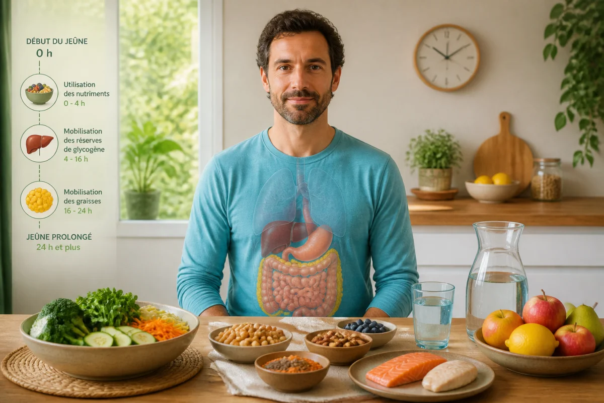 Adulte serein pratiquant le jeûne intermittent dans une cuisine lumineuse, avec aliments sains, eau et horloge discrète.