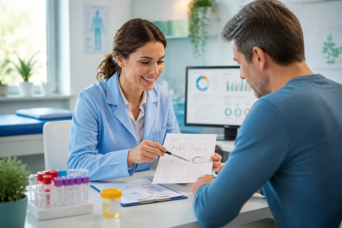 Professionnelle de santé consultant avec un patient les résultats d’examens médicaux à faire avant un bilan de santé