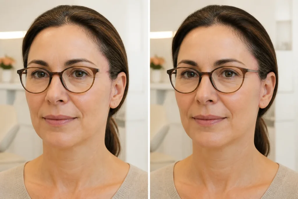 Lifting visage avant après : femme montrant l’évolution naturelle de cicatrices près des oreilles, récentes puis atténuées.
