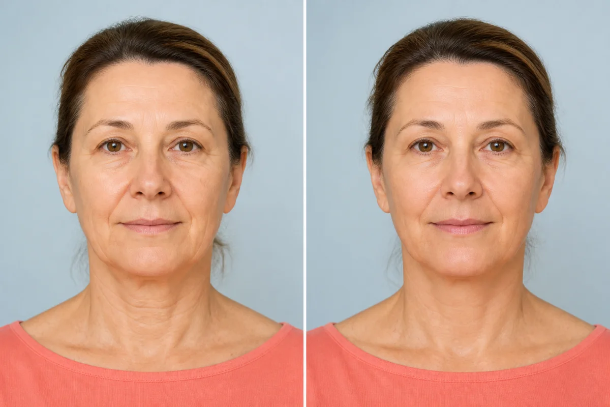 Comparaison avant-après d’un lifting du visage, montrant un ovale raffermi, des bajoues réduites et un cou mieux défini