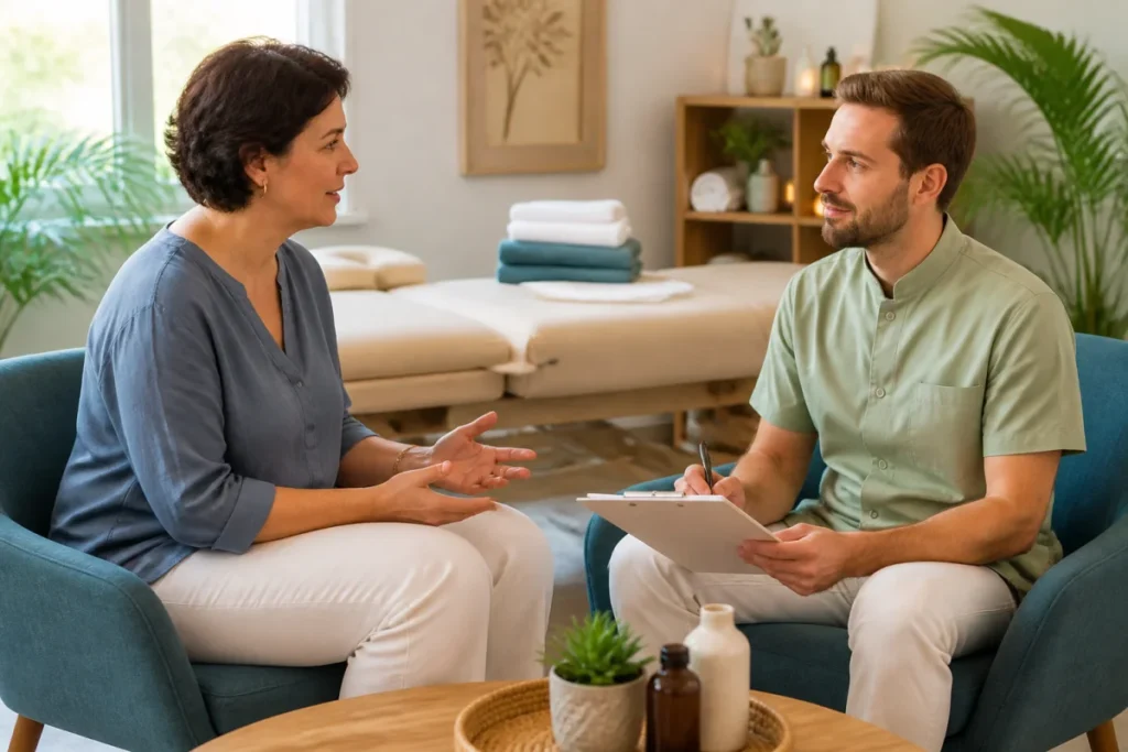 Consultation sereine avec un praticien pour préparer un massage bien-être avant une opération