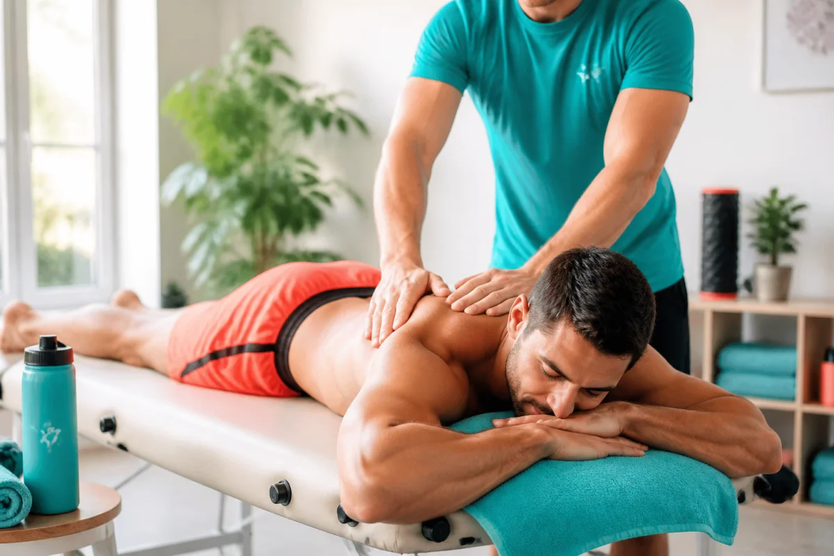 Massage relaxant et récupération musculaire après l’entraînement sur table de massage en salle lumineuse